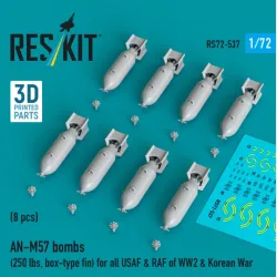 Reskit Rs72-0537 1/72 An-m57 Bombs 250 Lbs Box-type Fin For All Usaf Raf Of Ww2 Korean War 8 Pcs 3d Printed