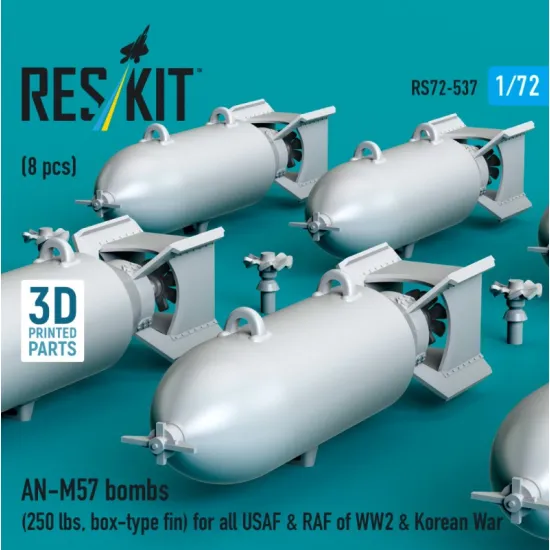Reskit Rs72-0537 1/72 An-m57 Bombs 250 Lbs Box-type Fin For All Usaf Raf Of Ww2 Korean War 8 Pcs 3d Printed