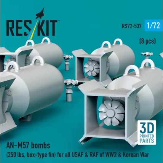 Reskit Rs72-0537 1/72 An-m57 Bombs 250 Lbs Box-type Fin For All Usaf Raf Of Ww2 Korean War 8 Pcs 3d Printed