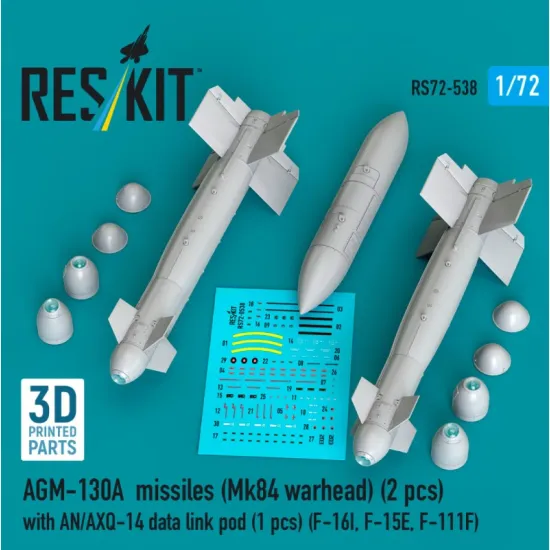 Reskit Rs72-0538 1/72 Agm-130a Missiles Mk84 Warhead 2 Pcs With An/Axq-14 Data Link Pod 1 Pcs F-16i F-15e F-111f 3d Printed