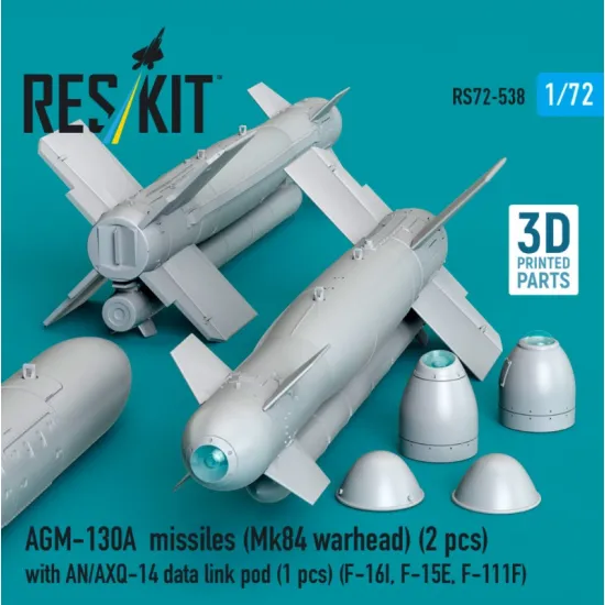 Reskit Rs72-0538 1/72 Agm-130a Missiles Mk84 Warhead 2 Pcs With An/Axq-14 Data Link Pod 1 Pcs F-16i F-15e F-111f 3d Printed