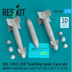 Reskit Rs72-0539 1/72 Gbu-15 V 21 22/B Small Wing Bombs 2 Pcs With An/Axq-14 Data Link Pod 1 Pcs F-4 F-15e F-16i F-111 B-52 3d Printed