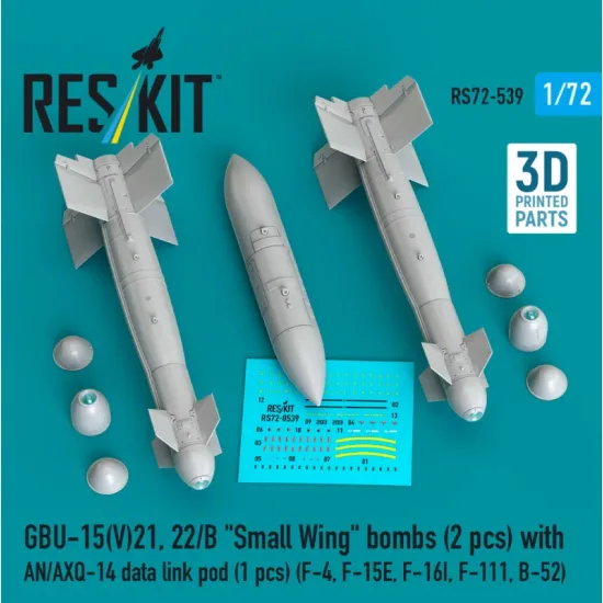Reskit Rs72-0539 1/72 Gbu-15 V 21 22/B Small Wing Bombs 2 Pcs With An/Axq-14 Data Link Pod 1 Pcs F-4 F-15e F-16i F-111 B-52 3d Printed