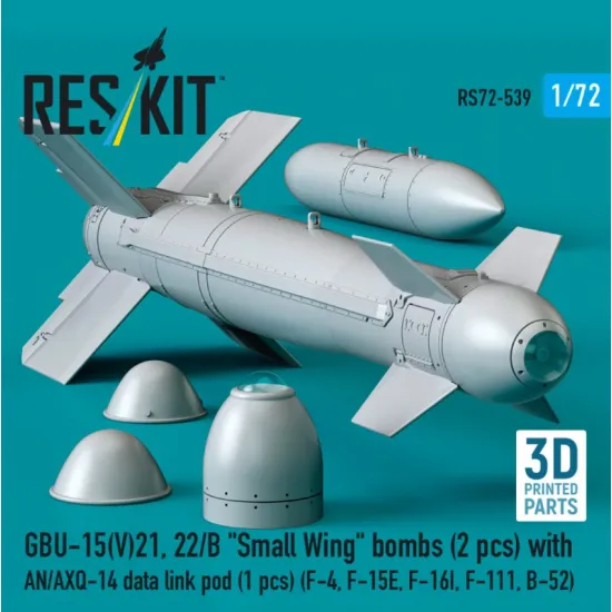 Reskit Rs72-0539 1/72 Gbu-15 V 21 22/B Small Wing Bombs 2 Pcs With An/Axq-14 Data Link Pod 1 Pcs F-4 F-15e F-16i F-111 B-52 3d Printed