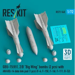 Reskit Rs72-0540 1/72 Gbu-15 V 1 2/B Big Wing Bombs 2 Pcs With An/Axq-14 Data Link Pod 1 Pcs F-4 F-15e F-16i F-111 B-52 3d Printed