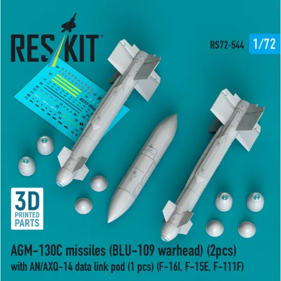 Reskit Rs72-0544 1/72 Agm-130c Missiles Blu-109 Warhead 2 Pcs With An/Axq-14 Data Link Pod 1 Pcs F-16i F-15e F-111f 3d Printed