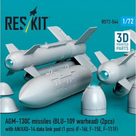 Reskit Rs72-0544 1/72 Agm-130c Missiles Blu-109 Warhead 2 Pcs With An/Axq-14 Data Link Pod 1 Pcs F-16i F-15e F-111f 3d Printed