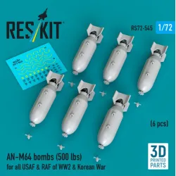 Reskit Rs72-0545 1/72 An-m64 Bombs 500 Lbs For All Usaf Raf Of Ww2 Korean War 6 Pcs 3d Printed