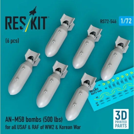 Reskit Rs72-0546 1/72 An-m58 Bombs 500 Lbs For All Usaf Raf Of Ww2 Korean War 6 Pcs 3d Printed
