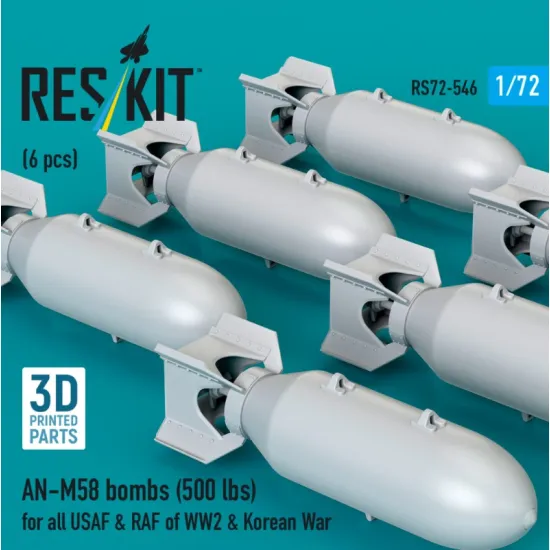 Reskit Rs72-0546 1/72 An-m58 Bombs 500 Lbs For All Usaf Raf Of Ww2 Korean War 6 Pcs 3d Printed