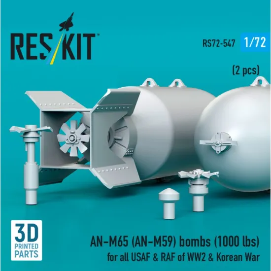 Reskit Rs72-0547 1/72 An-m65 An-m59 Bombs 1000 Lbs For All Usaf Raf Of Ww2 Korean War 2 Pcs 3d Printed