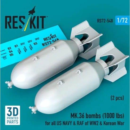 Reskit Rs72-0548 1/72 Mk36 Bombs 1000 Lbs For All Us Navy Raf Of Ww2 Korean War 2 Pcs 3d Printed