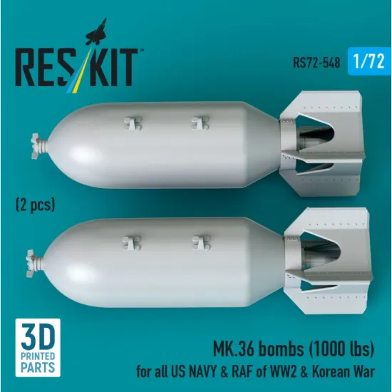 Reskit Rs72-0548 1/72 Mk36 Bombs 1000 Lbs For All Us Navy Raf Of Ww2 Korean War 2 Pcs 3d Printed