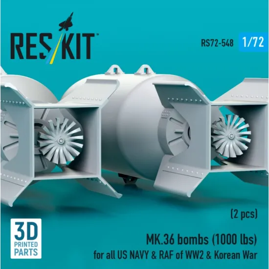 Reskit Rs72-0548 1/72 Mk36 Bombs 1000 Lbs For All Us Navy Raf Of Ww2 Korean War 2 Pcs 3d Printed