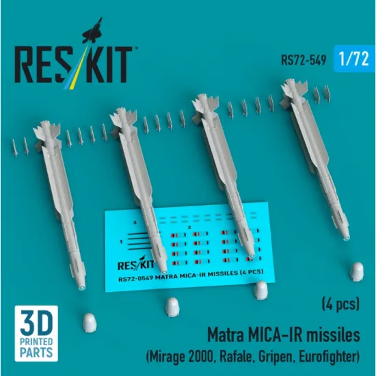 Reskit Rs72-0549 1/72 Matra Mica-ir Missiles 4 Pcs Mirage 2000 Rafale Gripen Eurofighter 3d Printed