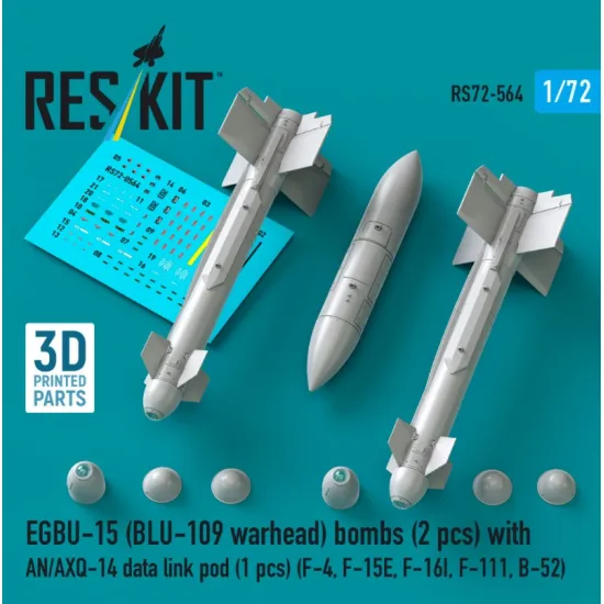 Reskit Rs72-0564 1/72 Egbu-15 Blu-109 Warhead Bombs 2 Pcs With An/Axq-14 Data Link Pod 1 Pcs F-4 F-15e F-16i F-111 B-52 3d Printed