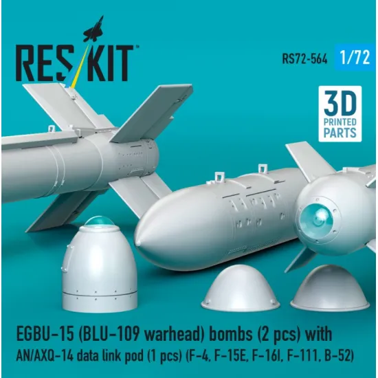 Reskit Rs72-0564 1/72 Egbu-15 Blu-109 Warhead Bombs 2 Pcs With An/Axq-14 Data Link Pod 1 Pcs F-4 F-15e F-16i F-111 B-52 3d Printed