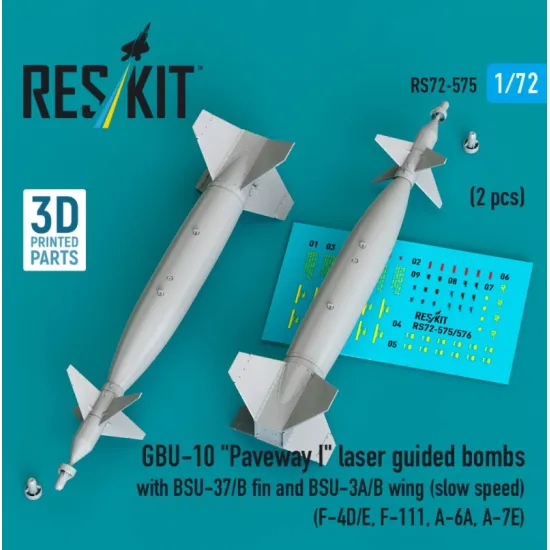 Reskit Rs72-0575 1/72 Gbu-10 Paveway I Laser Guided Bombs With Bsu-37/B Fin And Bsu-3a/B Wing Slow Speed 2pcs F-4d/E F-111 A-6a A-7e 3d Printed