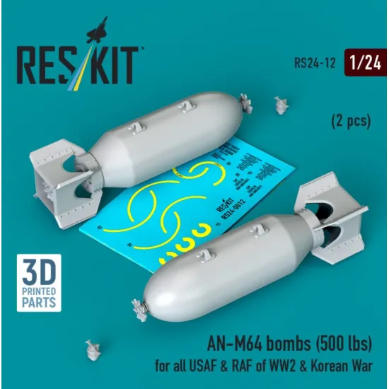 Reskit Rs24-0012 1/24 An-m64 Bombs 500 Lbs For All Usaf Raf Of Ww2 Korean War 2 Pcs 3d Printed