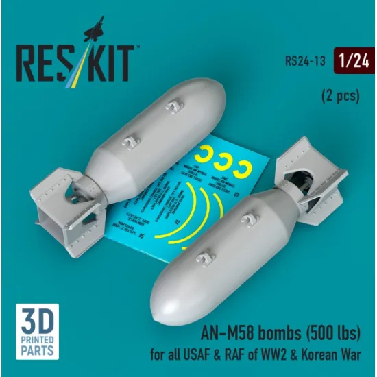 Reskit Rs24-0013 1/24 An-m58 Bombs 500 Lbs For All Usaf Raf Of Ww2 Korean War 2 Pcs 3d Printed