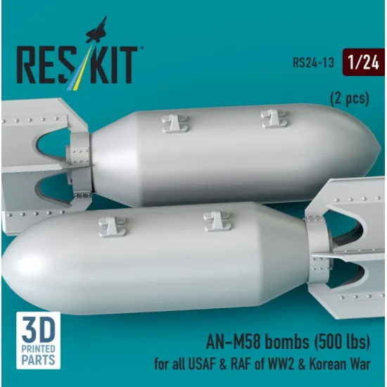 Reskit Rs24-0013 1/24 An-m58 Bombs 500 Lbs For All Usaf Raf Of Ww2 Korean War 2 Pcs 3d Printed