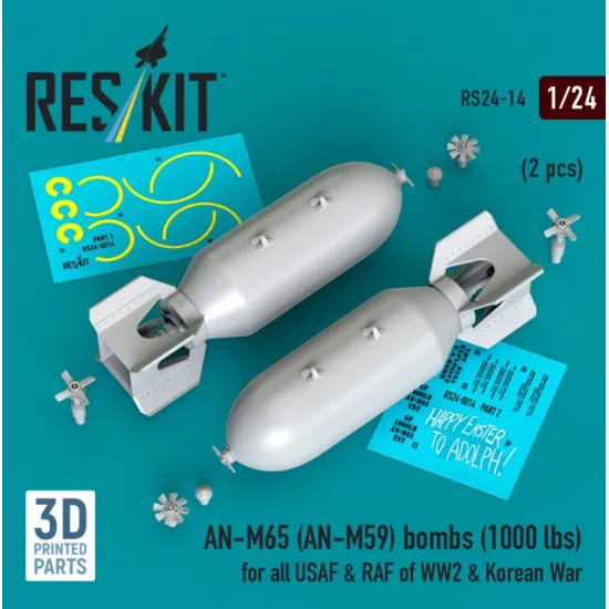 Reskit Rs24-0014 1/24 An-m65 An-m59 Bombs 1000 Lbs For All Usaf Raf Of Ww2 Korean War 2 Pcs 3d Printed