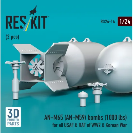 Reskit Rs24-0014 1/24 An-m65 An-m59 Bombs 1000 Lbs For All Usaf Raf Of Ww2 Korean War 2 Pcs 3d Printed