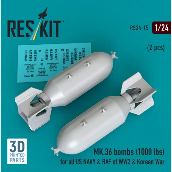 Reskit Rs24-0015 1/24 Mk36 Bombs 1000 Lbs For All Us Navy Raf Of Ww2 Korean War 2 Pcs 3d Printed