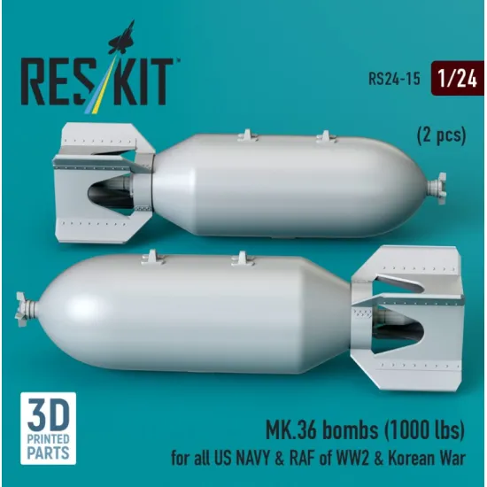 Reskit Rs24-0015 1/24 Mk36 Bombs 1000 Lbs For All Us Navy Raf Of Ww2 Korean War 2 Pcs 3d Printed