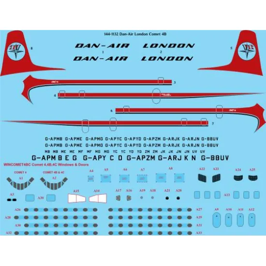 26decals 144-1132 1/144 Dan Air London Red Tail Dehavilland Comet 4b Laser Decal