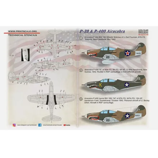 Print Scale 72-485 1/72 Bell P-39 Airacobra Decal For Aircraft