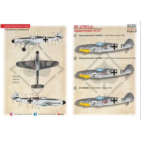 Print Scale 48-319 1/48 Messerschmitt Bf-109g-6 Jagdgeschwader Jg 53 Part 3