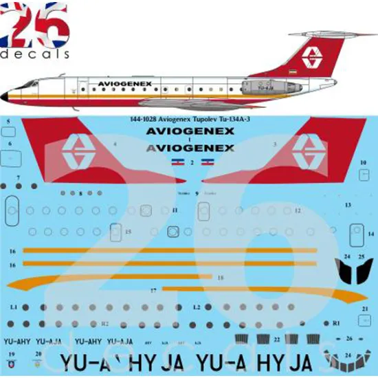 26decals 144-1028 1/144 Aviogenex Final Tupolev Tu-134a Laser Decal