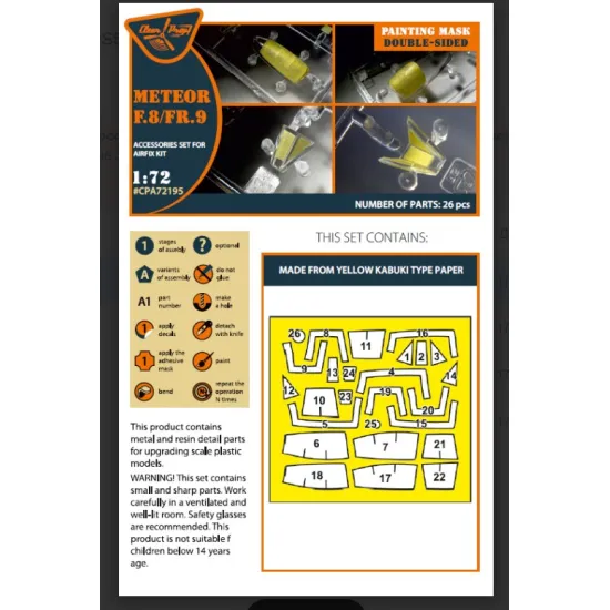 Clear Prop Cpa72195 1/72 Meteor F8/Fr9 Double-sided Painting Mask On Yellow Kabuki Paper For Airfix Kit