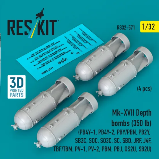 Reskit Rs32-0571 1/32 Mk-xvii Depth Bombs 350 Lb 4 Pcs Resin Kit