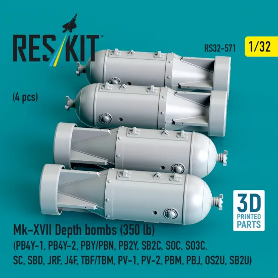 Reskit Rs32-0571 1/32 Mk-xvii Depth Bombs 350 Lb 4 Pcs Resin Kit