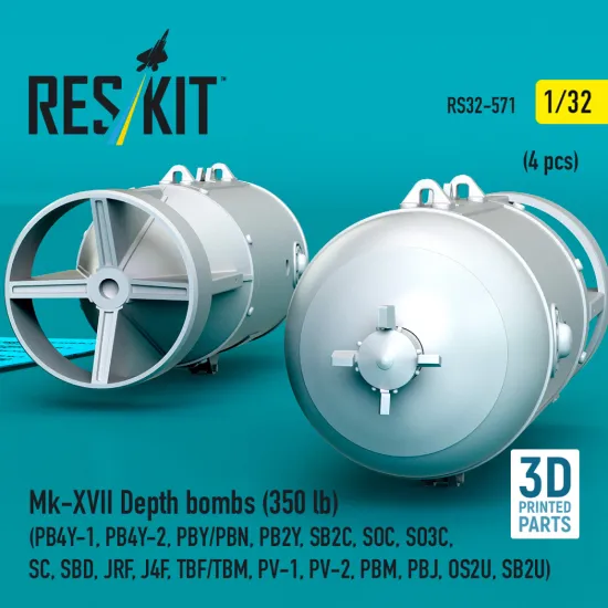 Reskit Rs32-0571 1/32 Mk-xvii Depth Bombs 350 Lb 4 Pcs Resin Kit