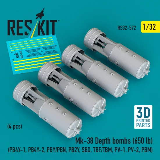 Reskit Rs32-0572 1/32 Mk-38 Depth Bombs 650 Lb 4 Pcs Resin Kit