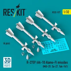 Reskit Rs32-0577 1/32 R-27ep Aa-10 Alamo-f Missiles 4 Pcs Mig-29, Su-27, Yak-141