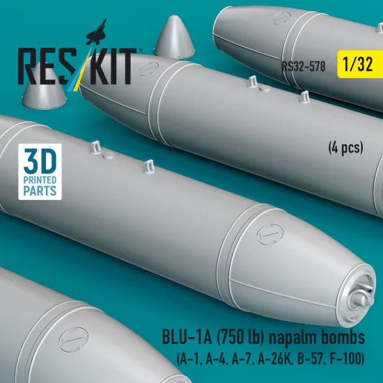 Reskit Rs32-0578 1/32 Blu-1a 750 Lb Napalm Bombs 4 Pcs Resin Kit