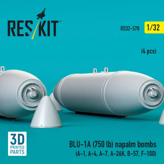 Reskit Rs32-0578 1/32 Blu-1a 750 Lb Napalm Bombs 4 Pcs Resin Kit