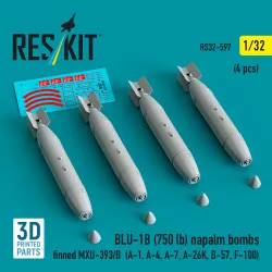 Reskit Rs32-0597 1/32 Dummy Resin Kit Blu-1b 750 Lb Napalm Bombs Finned Mxu-393/B 4 Pcs