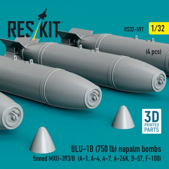 Reskit Rs32-0597 1/32 Dummy Resin Kit Blu-1b 750 Lb Napalm Bombs Finned Mxu-393/B 4 Pcs