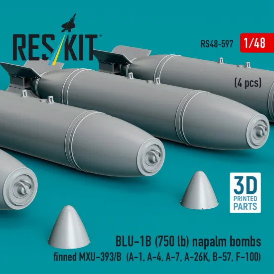Reskit Rs48-0597 1/48 Blu-1b 750 Lb Napalm Bombs Finned Mxu-393/B 4pcs Resin Kit