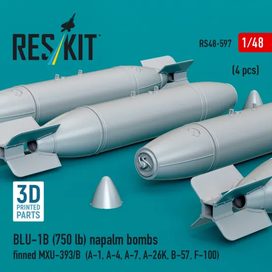 Reskit Rs48-0597 1/48 Blu-1b 750 Lb Napalm Bombs Finned Mxu-393/B 4pcs Resin Kit