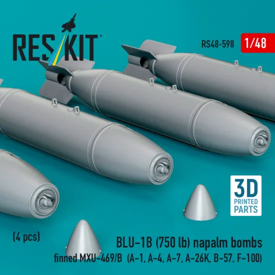 Reskit Rs48-0598 1/48 Blu-1b 750 Lb Napalm Bombs Finned Mxu-469/B 4pcs Resin Kit