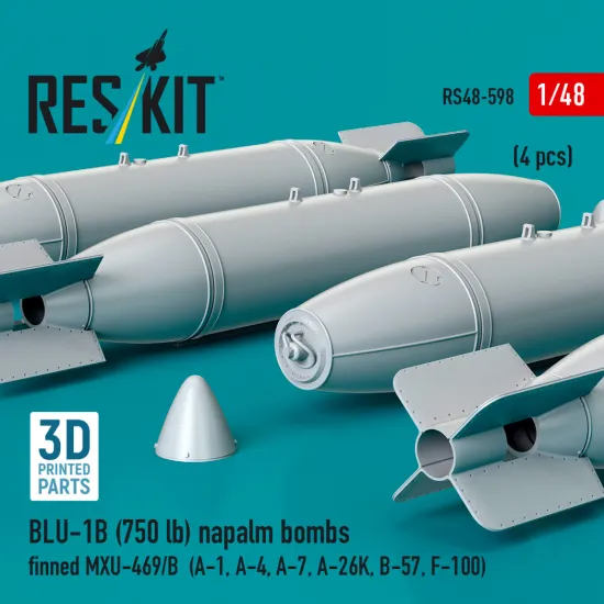Reskit Rs48-0598 1/48 Blu-1b 750 Lb Napalm Bombs Finned Mxu-469/B 4pcs Resin Kit