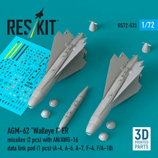Reskit Rs72-0533 1/72 Agm-62 Walleye Ii Er Missiles 2 Pcs With An/Awg-16 Data Link Pod 1 Pcs