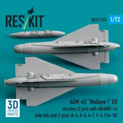 Reskit Rs72-0533 1/72 Agm-62 Walleye Ii Er Missiles 2 Pcs With An/Awg-16 Data Link Pod 1 Pcs