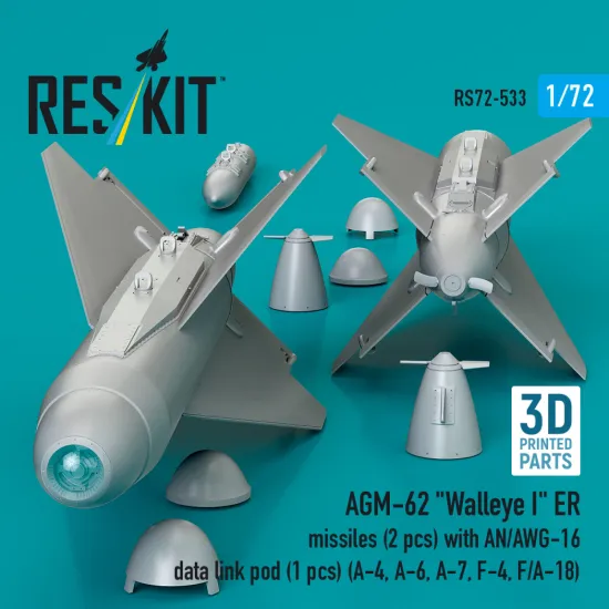 Reskit Rs72-0533 1/72 Agm-62 Walleye Ii Er Missiles 2 Pcs With An/Awg-16 Data Link Pod 1 Pcs